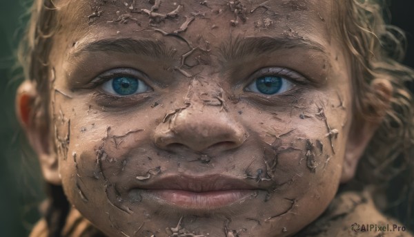 1girl,solo,looking at viewer,smile,blue eyes,blonde hair,1boy,closed mouth,male focus,parted lips,blurry,lips,depth of field,portrait,close-up,freckles,reflection,realistic,nose,crack,braid,eyelashes,dirty,dirty face,cracked skin