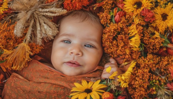 1girl,solo,looking at viewer,blue eyes,blonde hair,brown hair,flower,lying,parted lips,on back,lips,leaf,child,portrait,realistic,yellow flower,sunflower,holding flower,orange flower,old woman,short hair,1boy,male focus,scarf,grey eyes,forehead,autumn leaves,autumn