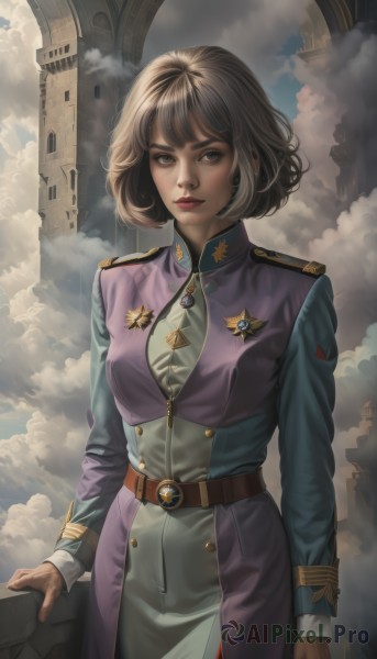 1girl,solo,breasts,looking at viewer,short hair,bangs,brown hair,gloves,long sleeves,dress,brown eyes,medium breasts,closed mouth,standing,cowboy shot,outdoors,sky,day,belt,cloud,uniform,blue sky,lips,military,military uniform,makeup,buttons,cloudy sky,lipstick,building,realistic,nose,arms at sides,red lips,tower,blue eyes,necktie,castle