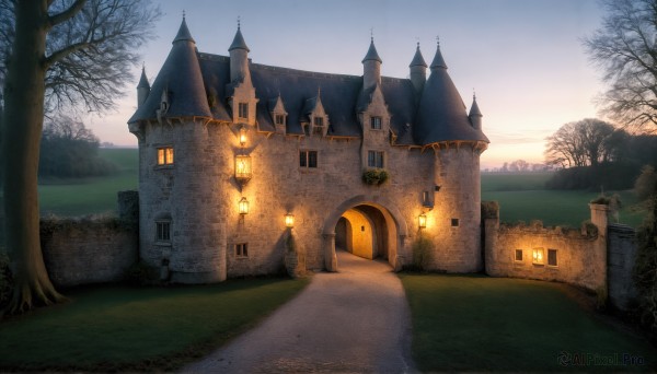 HQ,outdoors,sky,day,cloud,tree,no humans,window,grass,building,scenery,sunset,mountain,fantasy,door,road,house,lamppost,bare tree,castle,tower,path,sunrise,church,nature,forest,bush,landscape,arch