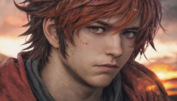 solo,looking at viewer,short hair,bangs,blue eyes,brown hair,1boy,brown eyes,closed mouth,male focus,red hair,outdoors,sky,cloud,blurry,lips,grey eyes,blood,blurry background,heterochromia,scar,portrait,close-up,freckles,sunset,blood on face,realistic,nose,scarf