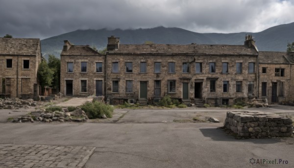 outdoors,sky,day,cloud,tree,military,no humans,window,cloudy sky,grass,ground vehicle,building,scenery,motor vehicle,mountain,military vehicle,road,wall,ruins,house,tank,caterpillar tracks,grey sky,blue sky,rock,car,bush,landscape,path