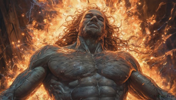 solo,long hair,looking at viewer,brown hair,1boy,nipples,upper body,male focus,nude,muscular,colored skin,facial hair,abs,from below,fire,pectorals,muscular male,bara,beard,large pectorals,veins,topless male,mature male,mustache,manly,chest hair,lightning,arm hair,embers,hairy,smile,parted lips,teeth,completely nude,glowing,looking down,realistic,stubble