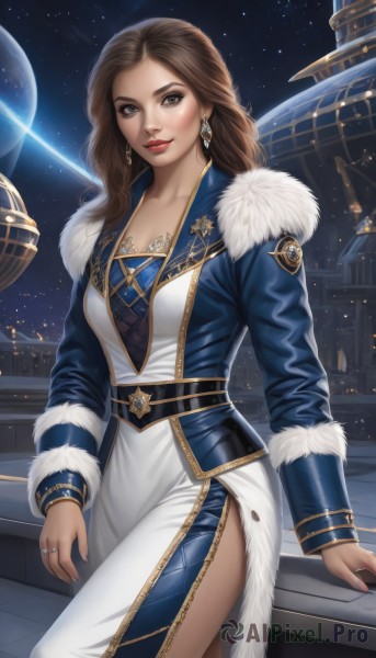 1girl,solo,long hair,breasts,looking at viewer,smile,brown hair,long sleeves,dress,brown eyes,jewelry,medium breasts,closed mouth,collarbone,jacket,earrings,sky,belt,white dress,lips,fur trim,makeup,night,ring,lipstick,star (sky),night sky,side slit,starry sky,nose,red lips,space,planet,earth (planet),spacecraft,cleavage,standing,cowboy shot,coat,realistic