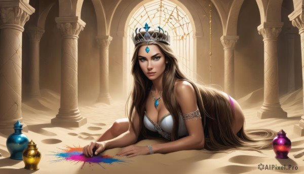 1girl,solo,long hair,breasts,looking at viewer,smile,blue eyes,large breasts,brown hair,dress,cleavage,bare shoulders,brown eyes,jewelry,medium breasts,very long hair,closed mouth,underwear,panties,earrings,lying,indoors,necklace,bracelet,lips,fingernails,strapless,makeup,tiara,crown,on stomach,gem,armlet,on floor,paintbrush,pillar,parted lips,blood,watermark,knife,lipstick,web address,pendant,realistic,column