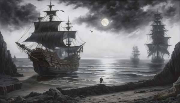 solo,1boy,standing,outdoors,sky,cloud,water,from behind,night,bird,ocean,moon,cloudy sky,scenery,full moon,watercraft,architecture,castle,ship,boat,ambiguous gender,1girl,monochrome,weapon,greyscale,cape,horizon,silhouette