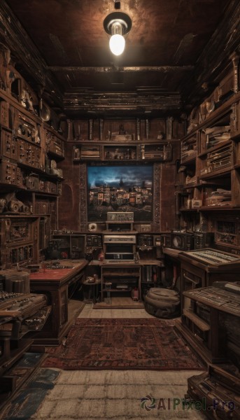 sky,cloud,indoors,cup,book,no humans,chair,table,bottle,scenery,wooden floor,bookshelf,lamp,stool,shelf,library,ceiling,bar (place),carpet,ceiling light,rug,window,night,stairs,light,candle,still life