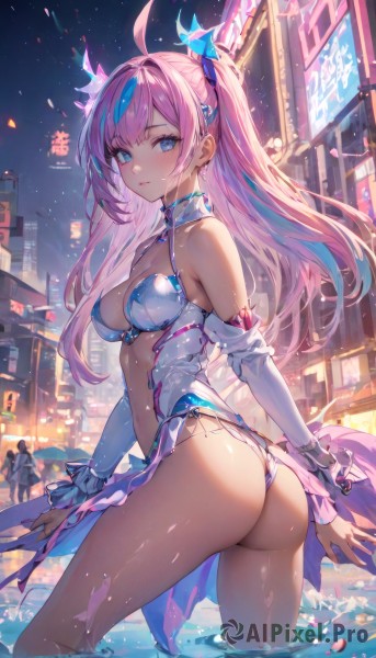 1girl,solo,long hair,breasts,looking at viewer,blush,bangs,blue eyes,hair ornament,navel,cleavage,bare shoulders,twintails,jewelry,medium breasts,closed mouth,blue hair,standing,swimsuit,pink hair,ass,ahoge,sidelocks,thighs,multicolored hair,cowboy shot,earrings,outdoors,parted lips,detached sleeves,sky,solo focus,shiny,looking back,virtual youtuber,water,two-tone hair,leotard,streaked hair,wet,shiny skin,petals,night,building,revealing clothes,night sky,wading,city,long sleeves,dress,bikini,choker,from behind,side-tie bikini bottom,halterneck,twisted torso