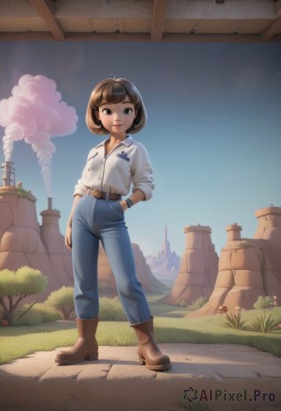 1girl,solo,breasts,looking at viewer,smile,short hair,bangs,brown hair,shirt,brown eyes,jewelry,closed mouth,standing,full body,white shirt,flower,small breasts,boots,outdoors,sky,day,collared shirt,belt,pants,artist name,cloud,black eyes,bracelet,tree,blue sky,lips,brown footwear,antenna hair,grass,denim,building,sleeves rolled up,smoke,pocket,watch,hand in pocket,jeans,rock,blue pants,brown belt,breast pocket,castle,wristwatch