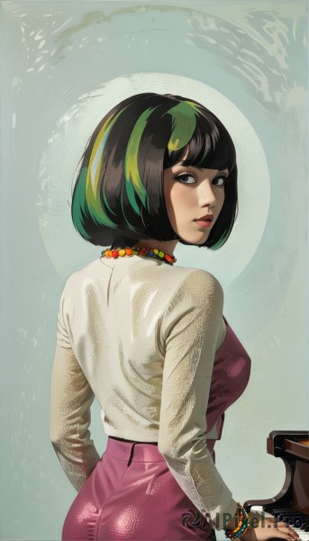 1girl,solo,breasts,looking at viewer,short hair,bangs,shirt,black hair,long sleeves,dress,jewelry,medium breasts,ass,multicolored hair,parted lips,green hair,looking back,pants,blunt bangs,necklace,from behind,black eyes,bracelet,two-tone hair,lips,streaked hair,makeup,bob cut,lipstick,instrument,beads,red lips,bead necklace,pearl necklace,piano,nose,playing instrument,keyboard (instrument)