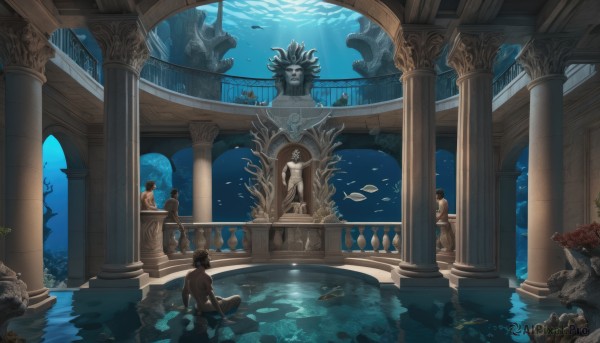 multiple girls,sitting,nude,multiple boys,indoors,water,from behind,animal,sunlight,plant,scenery,fish,6+boys,light rays,stairs,underwater,fantasy,architecture,ruins,pillar,statue,swimming,arch,turtle,coral,column,aquarium,short hair,black hair,holding,standing,weapon,male focus,sky,barefoot,day,pants,dark skin,2boys,reflection,topless male,facing away,indian style,wide shot,lily pad,caustics