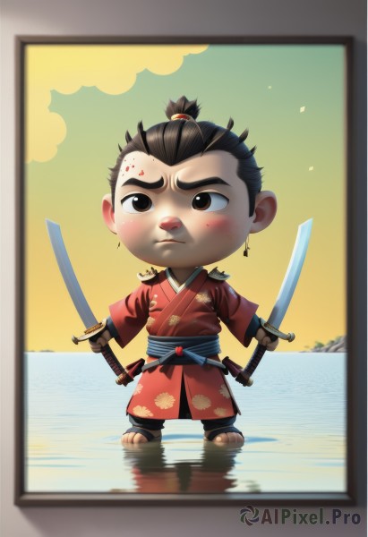 solo,looking at viewer,blush,short hair,brown hair,black hair,1boy,holding,brown eyes,jewelry,closed mouth,standing,full body,ponytail,weapon,male focus,earrings,japanese clothes,sword,kimono,water,chibi,holding weapon,black eyes,sash,holding sword,thick eyebrows,katana,sheath,child,reflection,dual wielding,red kimono,male child,topknot,painting (object),frown,sandals,serious