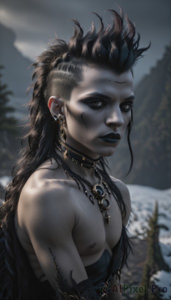 1girl,solo,long hair,looking at viewer,brown hair,black hair,1boy,bare shoulders,jewelry,closed mouth,nipples,collarbone,upper body,male focus,earrings,outdoors,choker,necklace,blurry,black eyes,tree,lips,makeup,blurry background,facial mark,piercing,lipstick,ear piercing,nipple piercing,black lips,brown eyes,teeth,artist name,colored skin,feathers,realistic,facepaint,grey skin,neck ring,blue lips,nose piercing,lip piercing,eyebrow piercing