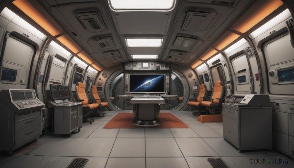 indoors,no humans,robot,reflection,science fiction,realistic,tiles,cable,tile floor,spacecraft,cockpit,window,scenery,machinery,space,monitor,spacesuit,screen