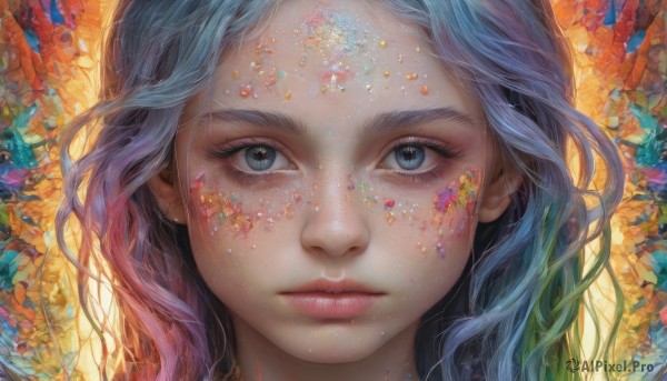 1girl,solo,long hair,looking at viewer,blue eyes,closed mouth,blue hair,pink hair,flower,multicolored hair,lips,grey eyes,eyelashes,gradient hair,makeup,wavy hair,expressionless,portrait,close-up,freckles,realistic,nose,colorful,mascara,eye focus,artist name,leaf,forehead,straight-on