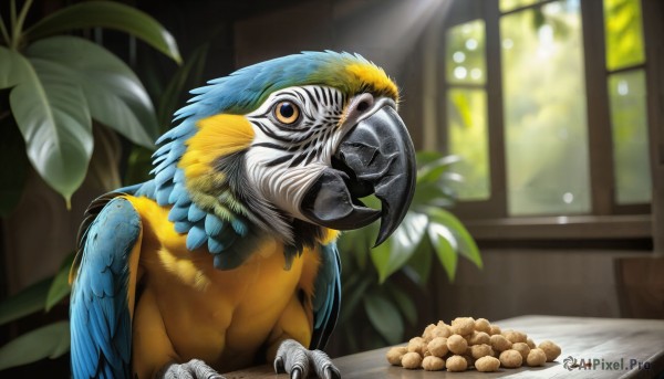 HQ,solo,yellow eyes,food,day,indoors,blurry,no humans,window,blurry background,bird,animal,leaf,table,feathers,plant,realistic,animal focus,cookie,beak,sparrow,wings,sunlight,coin,talons,spread wings,blue feathers