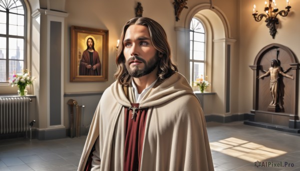 solo,long hair,brown hair,black hair,1boy,brown eyes,standing,upper body,flower,male focus,indoors,hood,cape,window,facial hair,cross,cloak,beard,robe,realistic,candle,vase,statue,painting (object),white robe,church,lips,sunlight,animification,portrait (object)