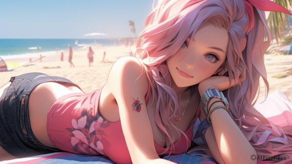 1girl,solo,long hair,breasts,looking at viewer,blush,smile,bangs,blue eyes,shirt,ribbon,cleavage,bare shoulders,jewelry,medium breasts,collarbone,hair ribbon,ponytail,pink hair,ass,heart,thighs,multicolored hair,hairband,outdoors,lying,parted lips,sky,shorts,sleeveless,solo focus,day,midriff,water,necklace,nail polish,hair over one eye,blurry,bracelet,tree,blue sky,lips,crop top,parted bangs,grey eyes,bare arms,short shorts,eyelashes,sleeveless shirt,tattoo,makeup,depth of field,blurry background,ocean,arm support,umbrella,wavy hair,beach,black shorts,floral print,sunlight,tank top,denim,on stomach,lipstick,towel,wristband,hand on own face,camisole,pendant,blue shorts,denim shorts,pink shirt,watch,head rest,butt crack,pink lips,sand,palm tree,hand on own cheek,red lips,bangle,wristwatch,shade,arm tattoo,shoulder tattoo,beach umbrella,elbow rest,mascara,heart tattoo,beach towel,closed mouth,on side,bug,flower tattoo,head on hand