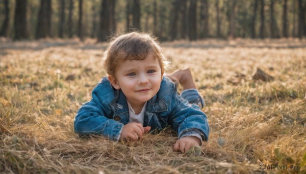 solo,looking at viewer,short hair,blonde hair,brown hair,shirt,long sleeves,1boy,brown eyes,closed mouth,jacket,white shirt,male focus,outdoors,lying,shorts,day,pants,blurry,depth of field,blurry background,grass,denim,on stomach,blue jacket,child,nature,forest,realistic,male child,field,on ground,denim jacket,smile,bangs,full body,open clothes,barefoot,open jacket,tree,jeans,feet up,photo background,wheat