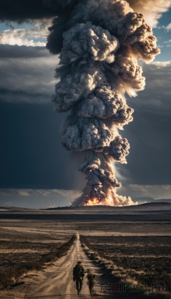 1boy,holding,standing,weapon,flower,outdoors,sky,cloud,from behind,armor,cloudy sky,fire,scenery,1other,walking,mountain,size difference,giant,statue,landscape,ambiguous gender,multiple boys,2boys,soldier,burning