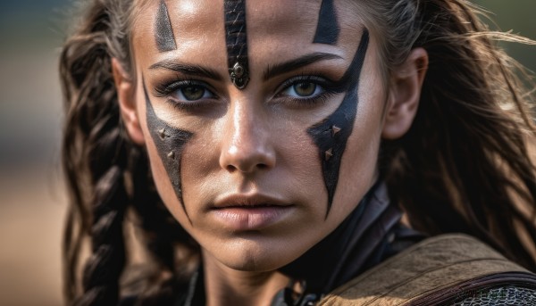 1girl,solo,long hair,looking at viewer,brown hair,brown eyes,closed mouth,braid,armor,blurry,lips,eyelashes,blurry background,facial mark,portrait,close-up,realistic,nose,facepaint,facial tattoo,yellow eyes,serious