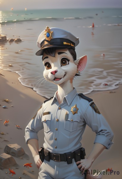 solo,looking at viewer,smile,open mouth,brown hair,shirt,black hair,1boy,hat,animal ears,brown eyes,jewelry,standing,tail,male focus,cowboy shot,earrings,outdoors,teeth,day,pointy ears,collared shirt,belt,pants,water,uniform,ocean,animal,beach,blue shirt,furry,blue headwear,pocket,hands on hips,black belt,pouch,sand,breast pocket,furry male,badge,police,shell,police uniform,whiskers,starfish,buck teeth,short hair,long sleeves,artist name,buttons,watermark,thick eyebrows,peaked cap,sleeves rolled up,fish,rock,body fur,white fur,belt pouch,snout,brown fur,seashell,grey fur