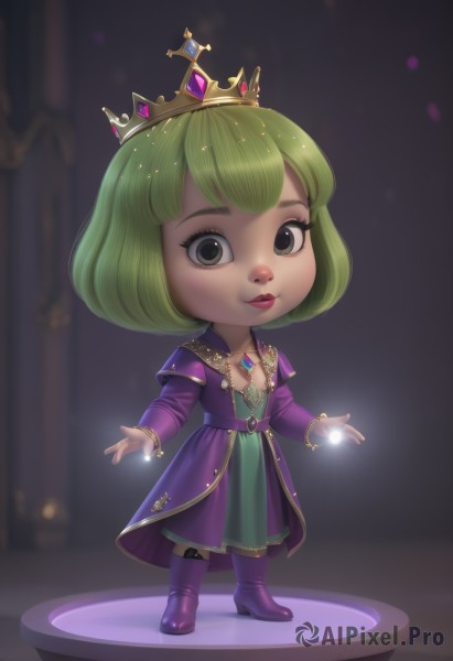 1girl,solo,breasts,looking at viewer,smile,short hair,bangs,long sleeves,dress,jewelry,closed mouth,standing,full body,boots,green hair,artist name,necklace,chibi,blurry,black eyes,lips,makeup,blurry background,glowing,tiara,crown,lipstick,gem,purple dress,red lips,magic,purple footwear,faux figurine,green eyes,bracelet,grey eyes,watermark