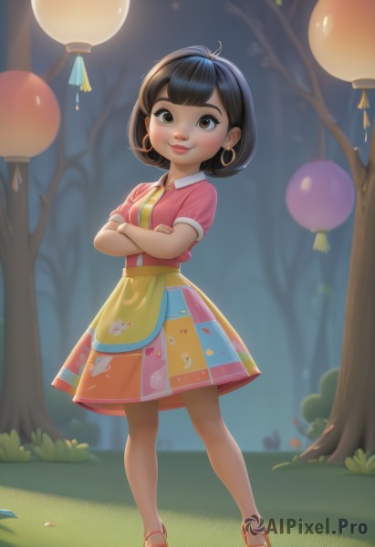 1girl,solo,looking at viewer,blush,smile,short hair,bangs,skirt,brown hair,shirt,black hair,dress,brown eyes,jewelry,closed mouth,standing,full body,short sleeves,pantyhose,earrings,outdoors,necktie,shoes,puffy sleeves,collared shirt,artist name,signature,blunt bangs,blurry,tree,puffy short sleeves,lips,eyelashes,night,blurry background,crossed arms,sandals,grass,red footwear,child,nature,multicolored clothes,mary janes,forest,legs apart,pink shirt,hoop earrings,lantern,female child,balloon,yellow necktie,apron,yellow dress,paper lantern