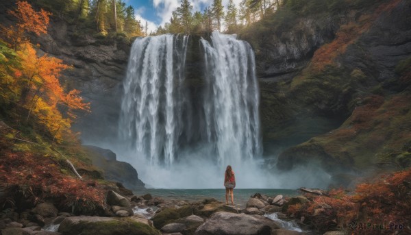 1girl, solo, long hair, skirt, brown hair, standing, outdoors, sky, day, cloud, water, from behind, tree, nature, scenery, forest, mountain, facing away, autumn leaves, autumn, waterfall