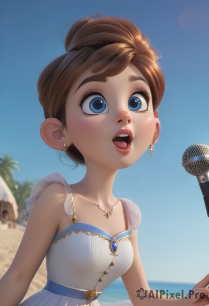 1girl,solo,breasts,short hair,open mouth,blue eyes,brown hair,dress,bare shoulders,jewelry,collarbone,upper body,earrings,small breasts,outdoors,sky,teeth,sleeveless,solo focus,day,tongue,water,necklace,hair bun,white dress,blurry,tree,blue sky,lips,eyelashes,makeup,sleeveless dress,depth of field,blurry background,ocean,upper teeth only,beach,single hair bun,looking up,microphone,sand,palm tree,red lips,singing,blush,:o,see-through,thick eyebrows,nose