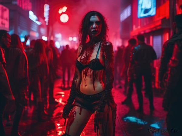 1girl,long hair,breasts,looking at viewer,black hair,navel,holding,cleavage,medium breasts,underwear,standing,weapon,outdoors,multiple boys,shorts,solo focus,midriff,holding weapon,bra,blurry,gun,short shorts,blood,mask,night,blurry background,black shorts,piercing,knife,black bra,blood on face,city,mouth mask,blood on clothes,navel piercing,zombie,blood splatter,blood on hands,crowd,blood on weapon,red moon,neon lights,swimsuit,bikini,torn clothes,denim,front-tie top,bikini top only,injury,street