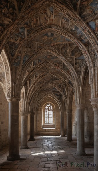 day,indoors,no humans,window,shadow,sunlight,scenery,stairs,door,architecture,tile floor,pillar,statue,hallway,church,arch,column,stone floor,vanishing point,sword,light rays,fantasy