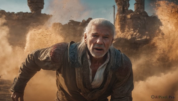 solo,looking at viewer,open mouth,blue eyes,shirt,long sleeves,1boy,white shirt,upper body,weapon,white hair,grey hair,male focus,outdoors,parted lips,sky,day,leaning forward,facial hair,scar,beard,realistic,sand,manly,old,old man,desert,dust,wrinkled skin,short hair,armor,black eyes,blue sky,lips,tattoo,shoulder armor,scar on face,mustache,weapon on back,chainmail,dust cloud