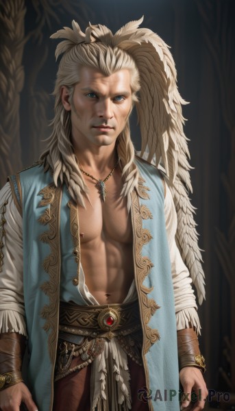 solo,long hair,looking at viewer,blue eyes,blonde hair,shirt,hair ornament,long sleeves,1boy,navel,jewelry,nipples,standing,ponytail,male focus,cowboy shot,parted lips,open clothes,belt,pants,necklace,bracelet,lips,open shirt,muscular,scar,abs,feathers,pectorals,realistic,bracer,feather hair ornament,white hair,artist name