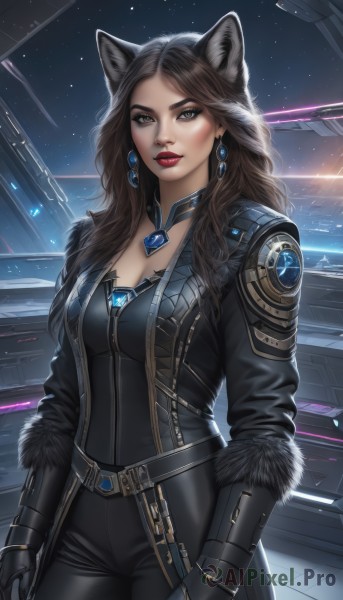 1girl,solo,long hair,breasts,looking at viewer,brown hair,gloves,animal ears,cleavage,brown eyes,jewelry,medium breasts,standing,jacket,cowboy shot,earrings,open clothes,choker,black gloves,belt,pants,cat ears,lips,coat,fur trim,makeup,black pants,lipstick,gem,science fiction,red lips,space,bangs,black hair,parted lips,signature,mole,black jacket,parted bangs,bodysuit,wolf ears,star (sky),mole under mouth,eyeshadow,starry sky,backlighting,black coat,realistic,nose,black bodysuit