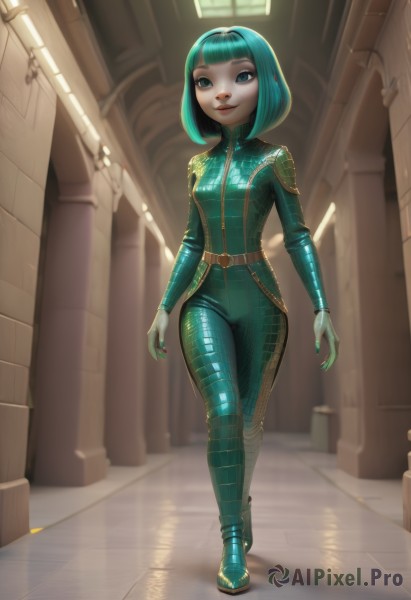 1girl,solo,breasts,looking at viewer,smile,short hair,bangs,blue eyes,medium breasts,closed mouth,standing,full body,small breasts,boots,green hair,shiny,belt,artist name,indoors,blunt bangs,nail polish,blurry,aqua eyes,lips,aqua hair,bodysuit,makeup,watermark,bob cut,crossed legs,skin tight,web address,buckle,zipper,walking,science fiction,belt buckle,realistic,nose,green nails,hallway,green bodysuit,green eyes,latex