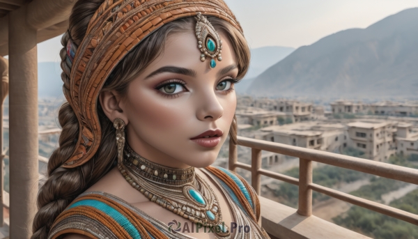 1girl,solo,long hair,looking at viewer,brown hair,brown eyes,jewelry,closed mouth,upper body,braid,earrings,outdoors,sky,day,dark skin,necklace,blurry,dark-skinned female,lips,eyelashes,single braid,makeup,blurry background,headband,building,gem,portrait,freckles,mountain,realistic,railing,headdress,red lips,mountainous horizon,hairband,parted lips,teeth,artist name,scenery,cityscape