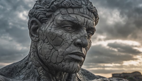 solo,1boy,closed mouth,male focus,outdoors,sky,cloud,signature,cloudy sky,portrait,science fiction,realistic,statue,monochrome,day,armor,blurry,lips,blurry background,colored skin,looking away,helmet,close-up,spot color,scales,looking afar,chainmail,wrinkled skin