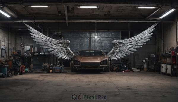 wings,indoors,no humans,window,night,chair,table,bottle,ground vehicle,box,scenery,feathered wings,light,bucket,lamp,ceiling light,motor vehicle,angel wings,white wings,tiles,tile floor