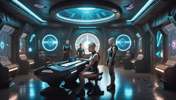 breasts,short hair,multiple girls,blonde hair,brown hair,gloves,2girls,sitting,blue hair,standing,boots,multiple boys,sleeveless,indoors,dark skin,2boys,uniform,bodysuit,facial hair,3boys,robot,science fiction,bald,very short hair,stool,monitor,cyborg,cyberpunk,holographic interface,hologram,1girl,military,crossed arms,realistic