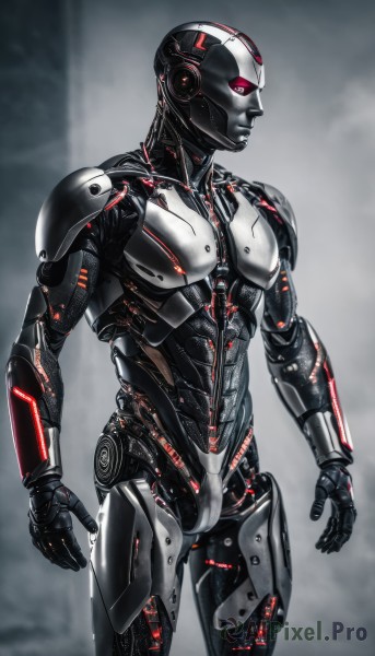 solo,red eyes,1boy,standing,male focus,cowboy shot,armor,no humans,glowing,robot,mecha,science fiction,realistic,android,joints,cable,cyborg,looking ahead,robot joints,power armor,neon trim,humanoid robot,grey background,glowing eyes