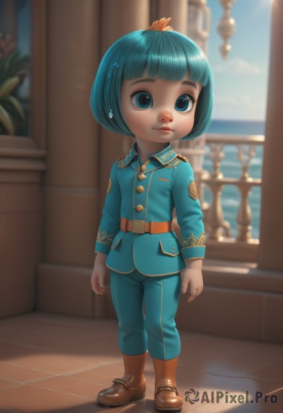 1girl,solo,looking at viewer,short hair,bangs,blue eyes,shirt,hair ornament,long sleeves,closed mouth,blue hair,standing,jacket,full body,boots,outdoors,sky,shoes,day,belt,pants,artist name,cloud,indoors,signature,blunt bangs,water,blurry,uniform,aqua eyes,blue sky,lips,military,window,aqua hair,military uniform,buttons,depth of field,blurry background,ocean,watermark,expressionless,brown footwear,bob cut,blue jacket,child,web address,arms at sides,horizon,blue pants,female child,potted plant,brown belt,bowl cut,hairclip,sweatdrop