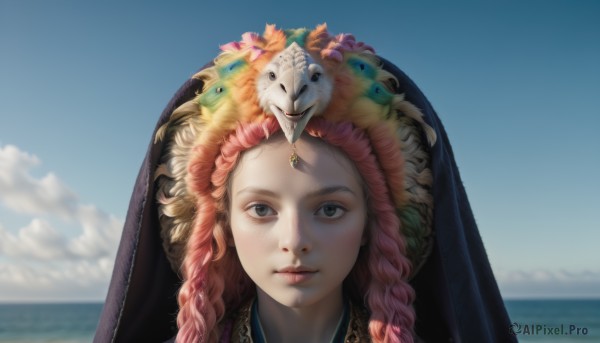 1girl,solo,long hair,looking at viewer,brown eyes,jewelry,closed mouth,pink hair,outdoors,sky,day,cloud,water,blurry,blue sky,lips,grey eyes,dutch angle,mask,depth of field,blurry background,bird,ocean,animal,expressionless,gem,portrait,veil,freckles,realistic,nose,horizon,on head,animal on head,blue eyes,flower,red hair