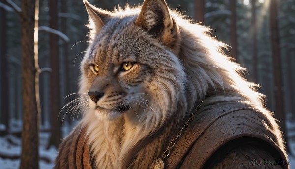 solo,looking at viewer,jewelry,closed mouth,yellow eyes,upper body,outdoors,necklace,armor,blurry,no humans,depth of field,blurry background,animal,cat,slit pupils,nature,forest,colored sclera,animal focus,yellow sclera,whiskers,signature,tree,portrait,snow,close-up,realistic