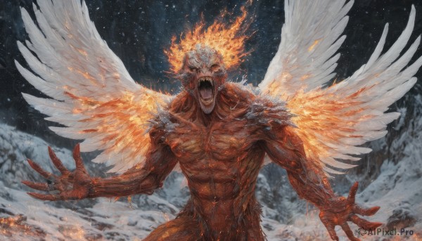 solo,looking at viewer,open mouth,1boy,male focus,nude,outdoors,wings,sky,teeth,muscular,night,glowing,fangs,abs,outstretched arms,fire,sharp teeth,muscular male,star (sky),glowing eyes,feathered wings,snow,veins,monster,angel wings,snowing,angel,multiple wings,embers,burning,no humans,horror (theme)