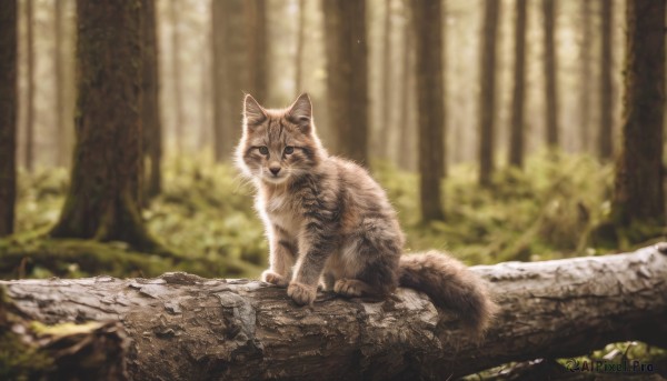 solo,looking at viewer,blue eyes,outdoors,day,blurry,tree,no humans,depth of field,blurry background,animal,sunlight,cat,nature,scenery,forest,rock,realistic,animal focus,moss,signature