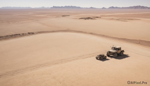 outdoors,sky,day,military,no humans,shadow,beach,ground vehicle,scenery,motor vehicle,sand,military vehicle,tank,vehicle focus,caterpillar tracks,desert,water,ocean,car,shore