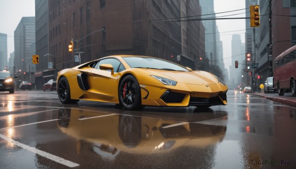 outdoors,sky,no humans,ground vehicle,building,scenery,motor vehicle,reflection,rain,city,sign,car,road,vehicle focus,lamppost,street,skyscraper,utility pole,road sign,grey sky,traffic light,sports car,truck,crosswalk,day