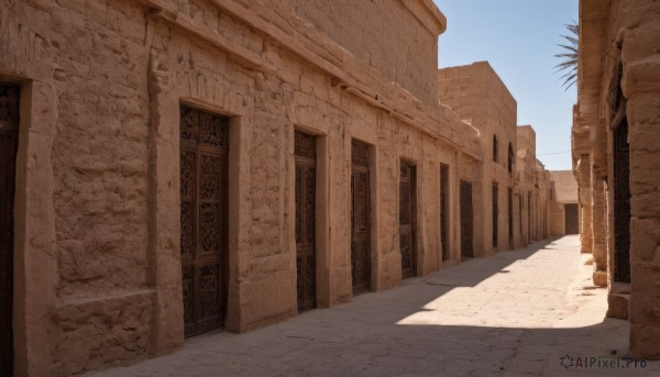 outdoors,sky,day,blue sky,no humans,window,shadow,sunlight,building,scenery,door,road,wall,ruins,pillar,street,desert,arch,alley,plant,shade,architecture,column