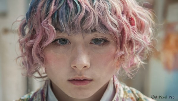 1girl,solo,looking at viewer,short hair,bangs,blue eyes,closed mouth,pink hair,multicolored hair,blurry,black eyes,lips,depth of field,blurry background,portrait,close-up,curly hair,realistic,nose,straight-on,black hair,eyelashes,wavy hair,expressionless